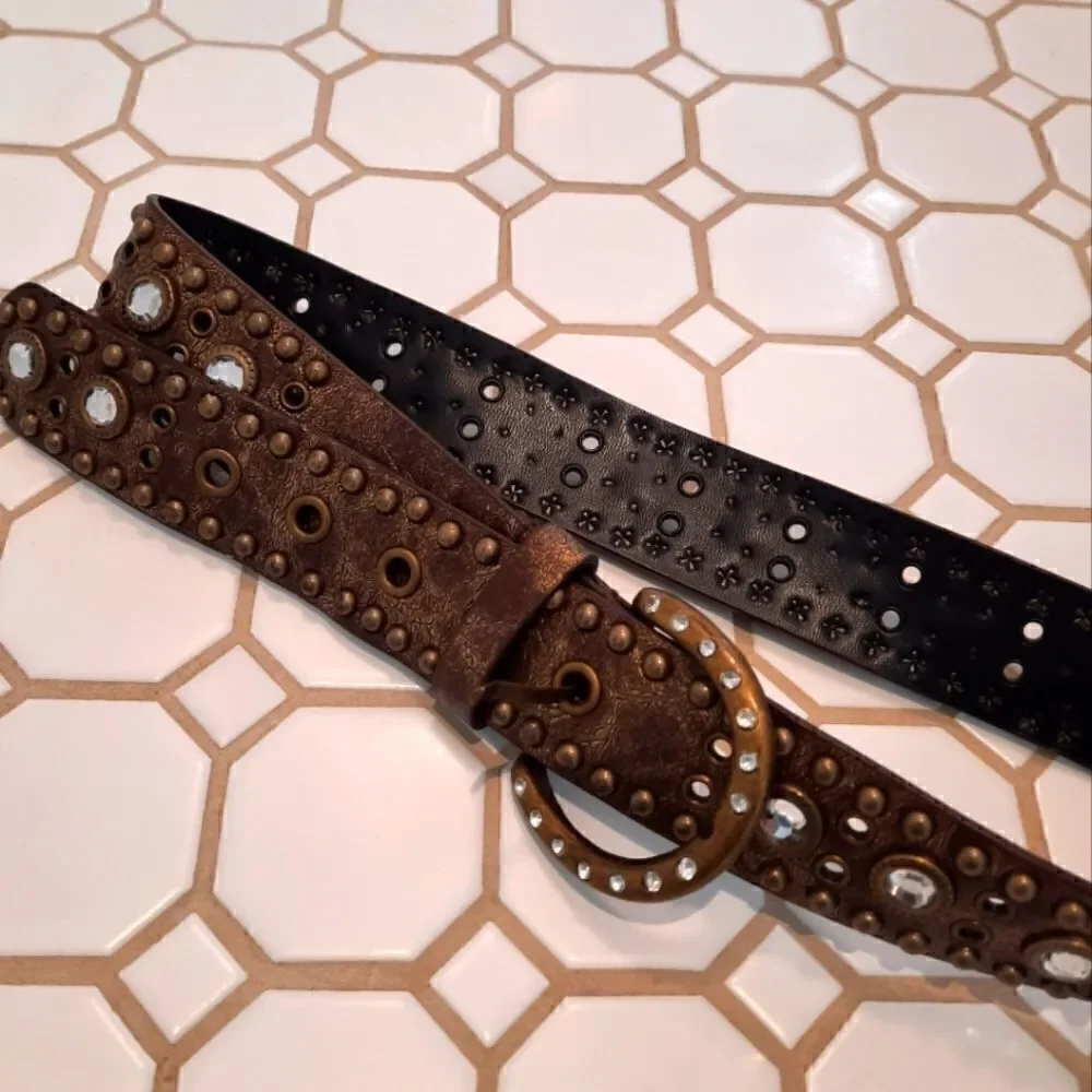 Rolfs Faux Leather Belt Golden Metallic Brown with Rhinestones